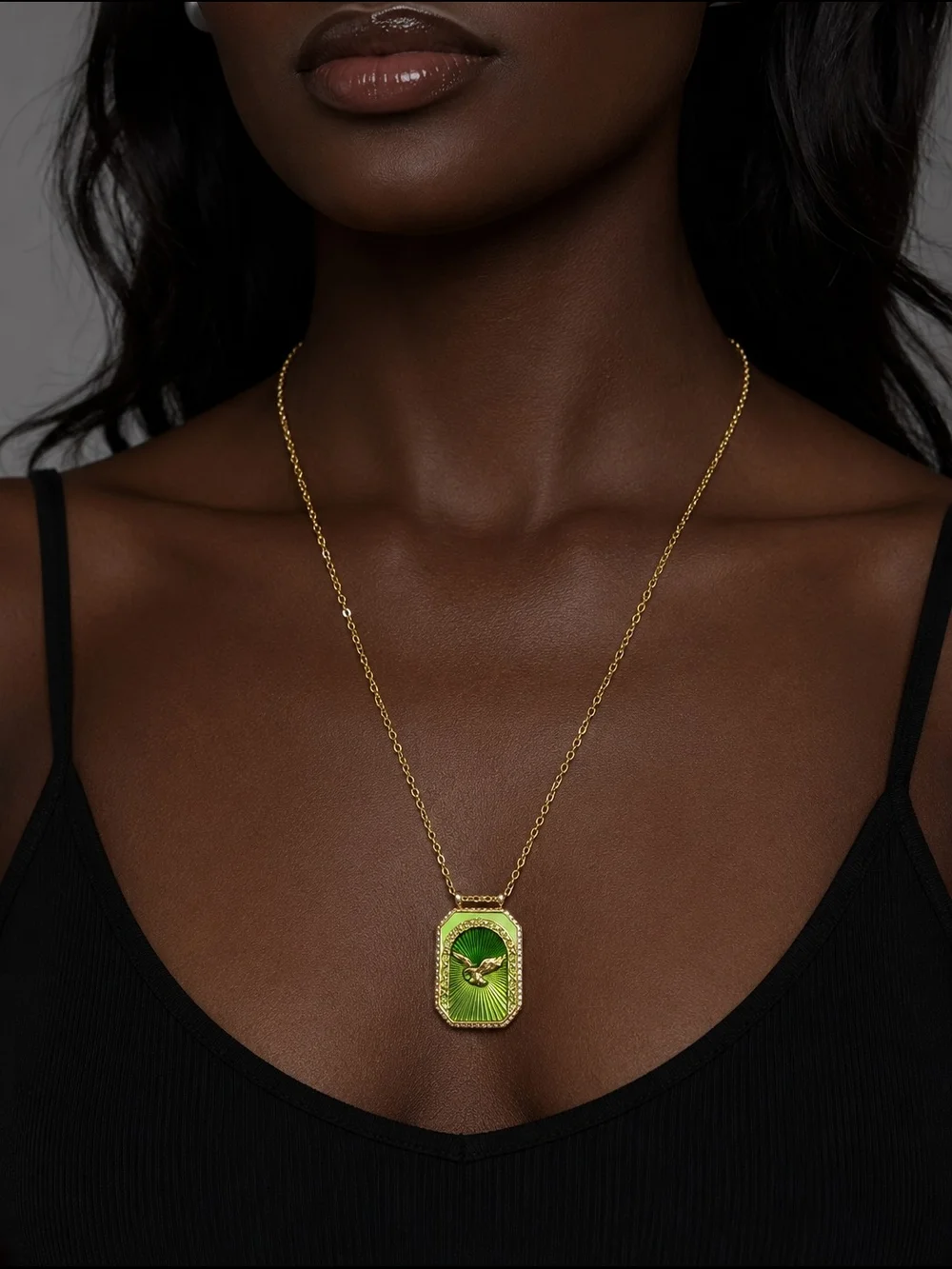 Gold Plated Green Enamel Bird Pendant Necklace